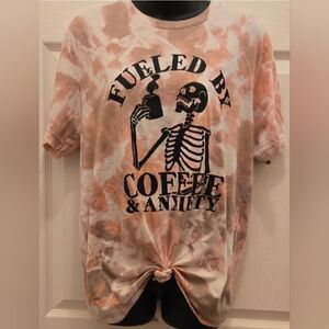 Fueled By Coffee & Anxiety Skeleton Tie Dye Knotted Top Large